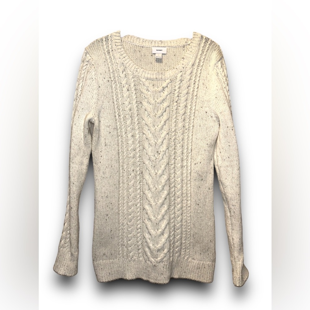 Old Navy • Cable Knit Sweater, Cream with Navy Specks, EUC, Large - Picture 2 of 9